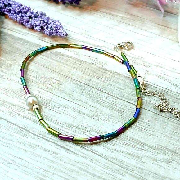 Minimalist Adjustable Beaded Anklet, Rainbow Iridescent Dainty Seed Bead - Picture 3 of 6